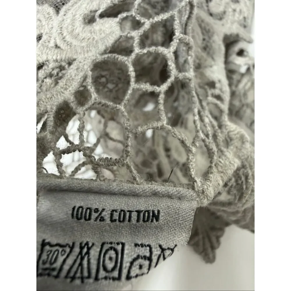 NILE Lace Crochet Vest Gray Boho Sheer Embroidered Tie Front Sz S Made in Italy